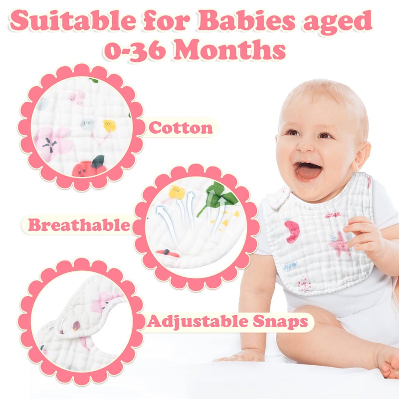 Zainpe 6Pcs Snap Muslin Cotton Baby Bibs Star Cat Rabbit Pattern Adjustable Feeding Bib Machine Washable Unisex Burp Cloths with 6 Absorbent & Soft Layers for Infant Toddler Newborn Eating Drooling - Image 3